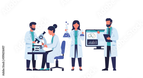 A team of four scientists in lab coats collaborates on research using a microscope, chemical flasks, and data analysis software in a laboratory setting.