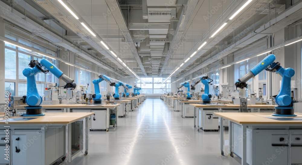 Fototapeta premium Rows of blue robotic arms poised over workstations in a bright, modern lab