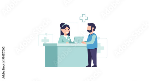 A friendly female receptionist assists a male patient at a clinic's front desk, with medical symbols accenting the professional environment.