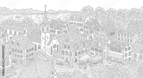 Intricate hand-drawn black and white line art illustration of a charming European town or village, perfect for a coloring book.