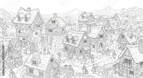 Detailed line art illustration of a charming medieval fantasy village with traditional half-timbered houses and winding paths through the countryside.