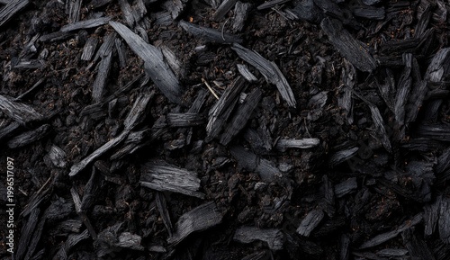 Close-up of dark, textured ground material with wood chips and soil