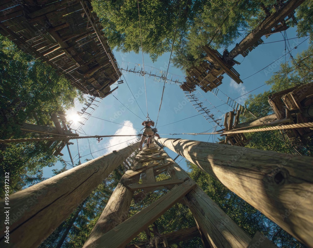 Fototapeta premium Suspended treetop adventure course with wooden structures and rope bridges