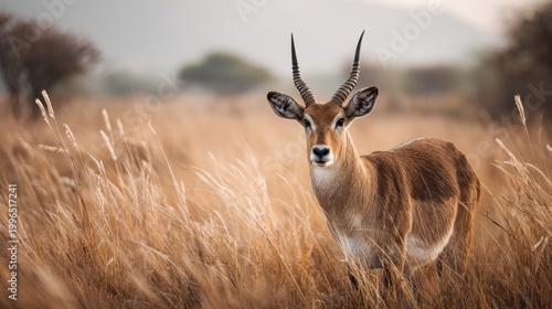 Majestic Waterbuck Standing Proudly Amidst Golden African Grasslands