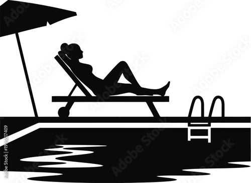 Woman relaxing on sun lounger by swimming pool silhouette.