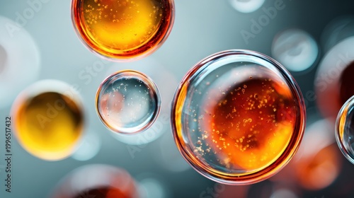 Close-up of colorful glass test tubes filled with vibrant liquids and bubbly foam inside a
