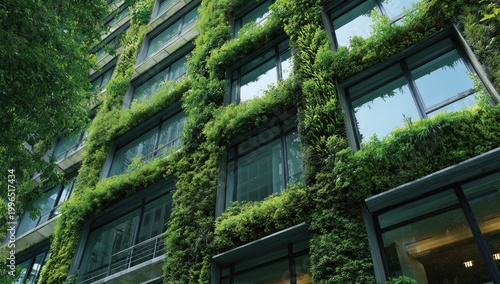 Verdant building facade with lush green foliage cascading over windows