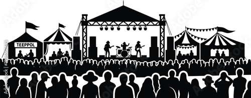 Outdoor music festival concert stage silhouette with band performing before large crowd audience and circus tents.
