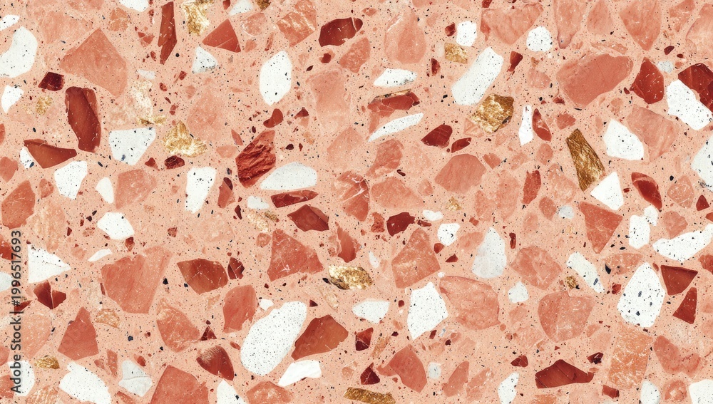 Fototapeta premium A close-up view of a terrazzo surface with a pink background, speckled with fragments