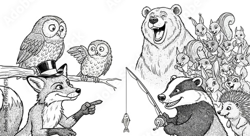 Illustrated animals gathering together outdoors showing friendship and connection