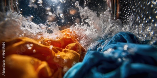 Water splashes onto orange and blue laundry inside a washing machine drum