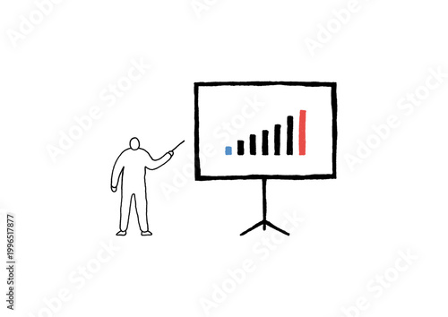 グラフが映っているスクリーンの左側に少し離れて立つ指揮棒を持ったプレゼンターの手描きイラスト（線画）