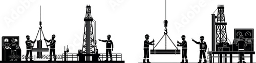 A construction site with workers and equipment in a busy industrial setting vector silhouette