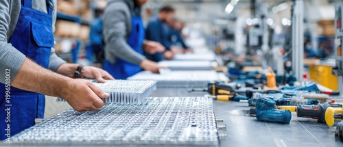 Workers in blue overalls assemble components on a production line with tools