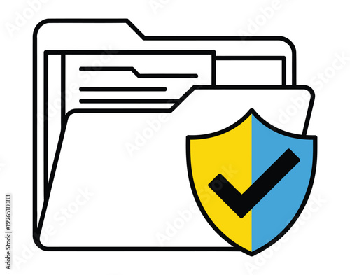 Secure digital file folder icon with a document inside protected by a checkmark shield for data privacy, cybersecurity, and information management themes, clean flat vector design suitable for encrypt