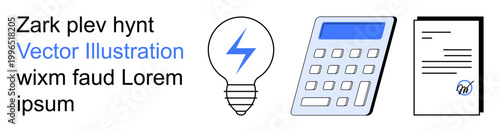 Energy efficiency, productivity tools, financial planning, electricity management, document approval, sustainability. Light bulb, calculator checklist. Energy efficiency productivity tools concept