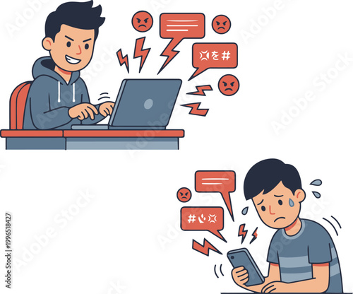 Illustration of cyberbullying showing an aggressor sending hateful messages on a laptop while a distressed victim receives them on a smartphone.