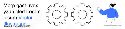 Business process, teamwork, technology, education, mechanics, conceptual framework. Two gears and a person pointing to the design. Business process and teamwork visual concept