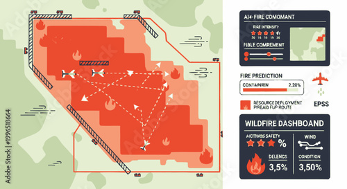 Wildfire Monitoring and AI Management Dashboard Interface with Heat Map, Fire Intensity Data, and Aircraft Deployment Paths for Emergency Response
