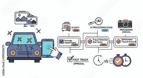 AI Car Insurance Claims Processing Infographic with Automated Damage Assessment and Fraud Detection