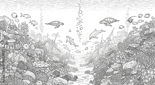 Underwater scene with marine life turtles dolphins and fish in monochrome illustration