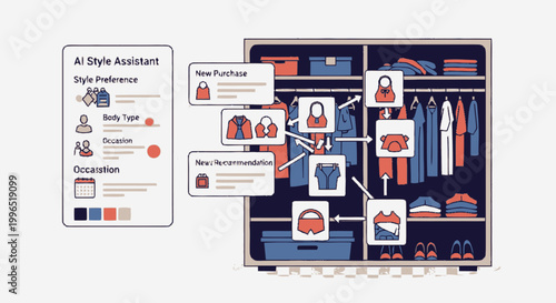 Digital Wardrobe Management App and AI Style Assistant Interface Illustration for Personalized Fashion Recommendations