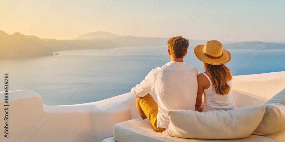 Fototapeta premium couple sitting quietly on a terrace with mountains and sea 