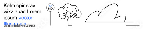 Sustainability, nature conservation, eco-friendly design, environmental awareness, minimalist design, simplicity. A tree, a bio label and a cloud in minimal line art. Sustainability and nature