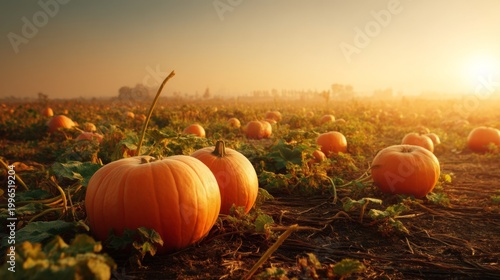 Lush Pumpkin Field at Sunrise with Vibrant Orange Pumpkins Glowing in the Soft Morning Light of Autumn in a Rural Landscape