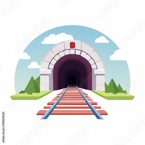 Train tunnel entrance with railway tracks and clouds