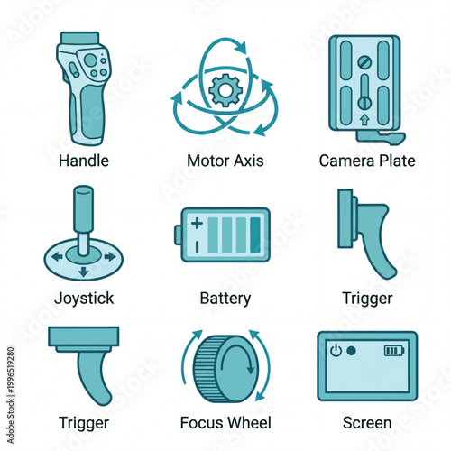 Gimbal Accessories and Components Icons Set.