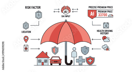 AI Insurance Infographic Illustrating Artificial Intelligence Risk Assessment and Premium Pricing for Home Car and Health Protection