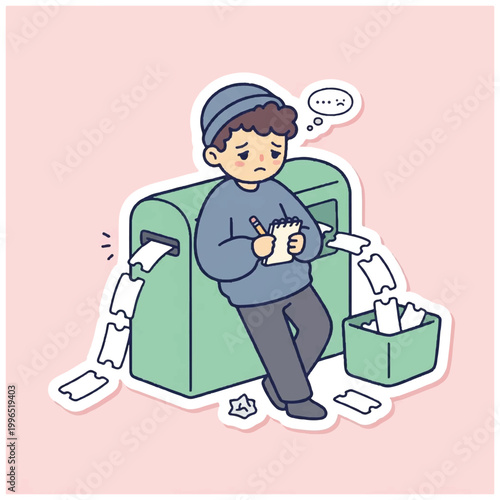 Young boy looking confused while writing on paper near a trash can.