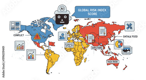 Global Risk Index Score Concept with Artificial Intelligence Analyzing World Map for Conflict and Economic Instability