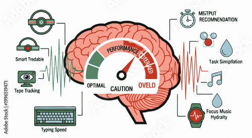 Conceptual Infographic of Brain Performance and Cognitive Load Monitoring with Biohacking Technology Icons