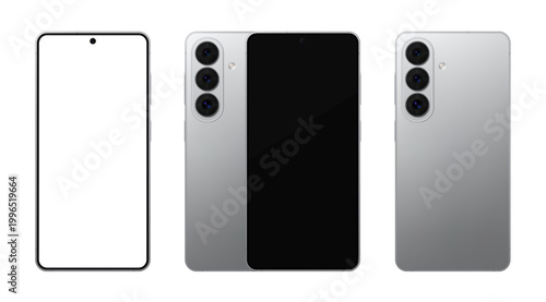 Detailed grey mobile phone with stylus mockup. Front and rear view isolated on transparent background. Vector PNG