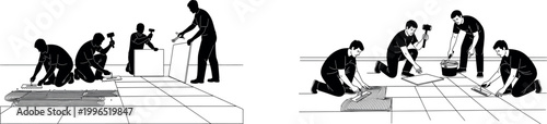 A group of construction workers installing tiles on a floor in a building site vector silhouette