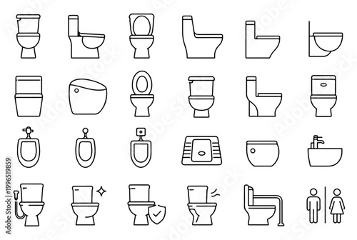 Toilet and Bathroom Outline Icons Set, Sanitary Equipment Line Vector Collection