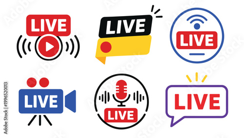 Live Broadcast Icons Collection, On Air Streaming Video Labels and Media Symbols Vector Set