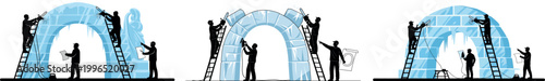 A group of people celebrating and jumping in front of a vibrant blue archway vector silhouette