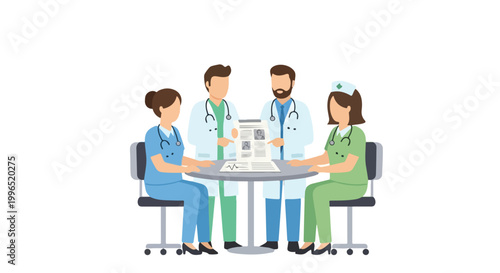 A group of diverse medical professionals, including doctors and nurses, collaborate around a table while reviewing patient records together.