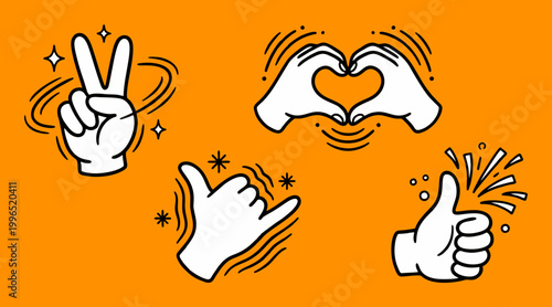 Collection of four stylish vector graphic hand gestures including thumbs up, peace sign, shaka, and heart shape on a vibrant orange background