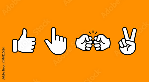 Set of hand gestures showing thumbs up and pointer finger and fist bump and victory sign in minimalist vector design style