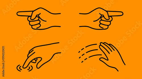 Minimalist vector graphic set showing four different hand gestures including pointing fingers and touching screen movements on solid orange background