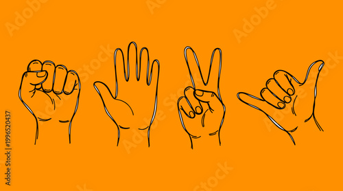 Hand gesture vector illustration depicting rock paper scissors game elements with a shaka sign