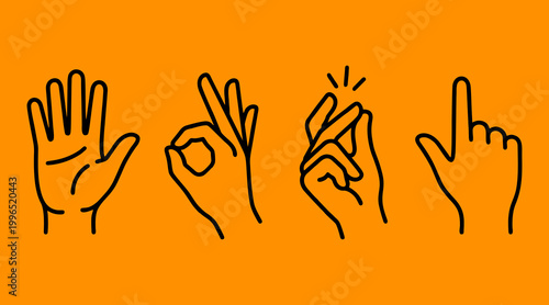 Minimalist vector line art set featuring four different human hand gestures expressing various communication styles for modern digital graphic design