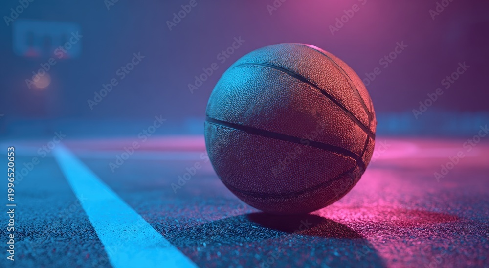 Fototapeta premium Basketball on court with neon blue and pink lights, fog