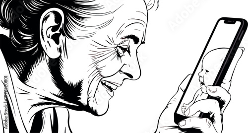 Black and white vector illustration of senior lady looking happily at newborn baby on her mobile phone screen.