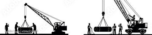 A construction team working together to lift heavy materials with cranes on a building site vector silhouette