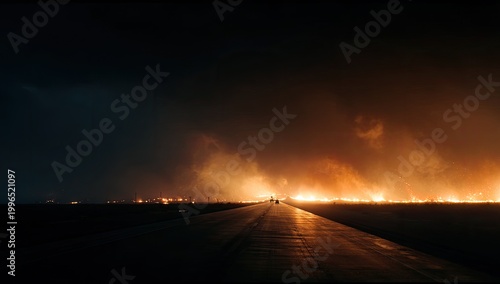 Asphalt road stretches toward distant, fiery glow under dark, ominous sky